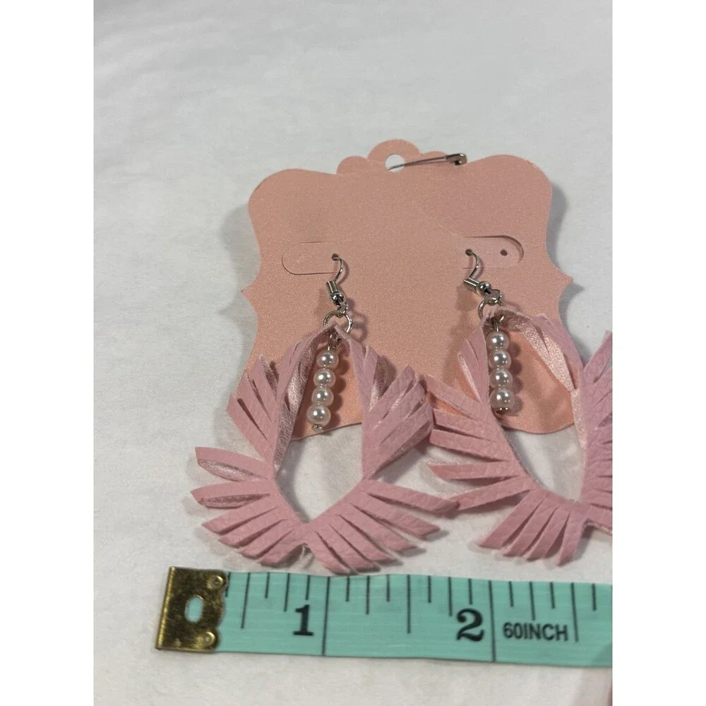 Handmade 3D Sculptured Pink Leather Feather Earrings with Pearl Accents